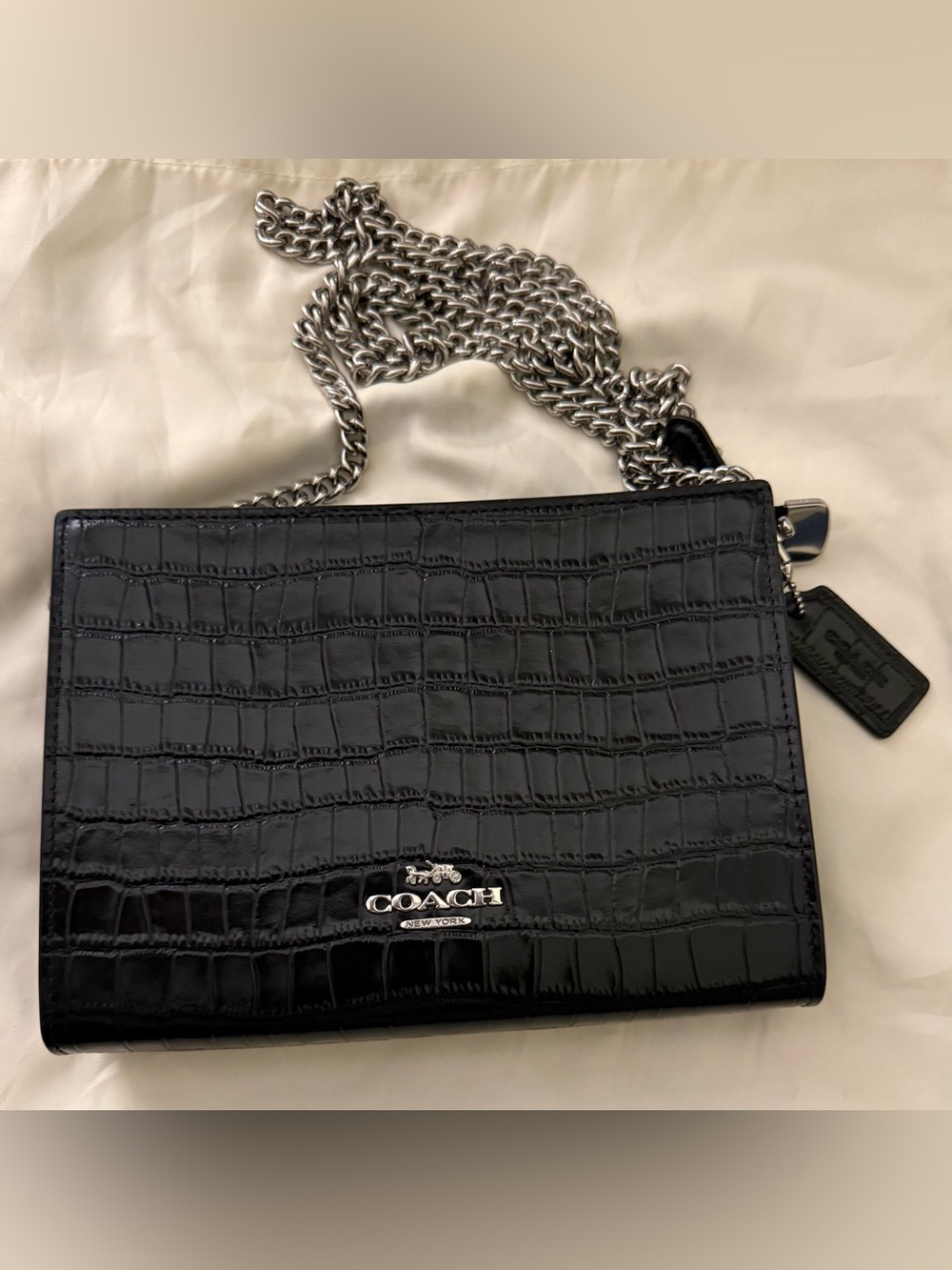 Coach Black Croc-Embossed Slim Crossbody with Detachable Silver Chain
